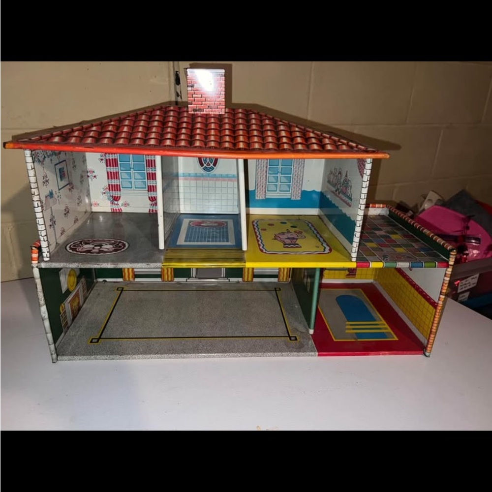 Red and Yellow Dollhouse with Two Stories and Attic